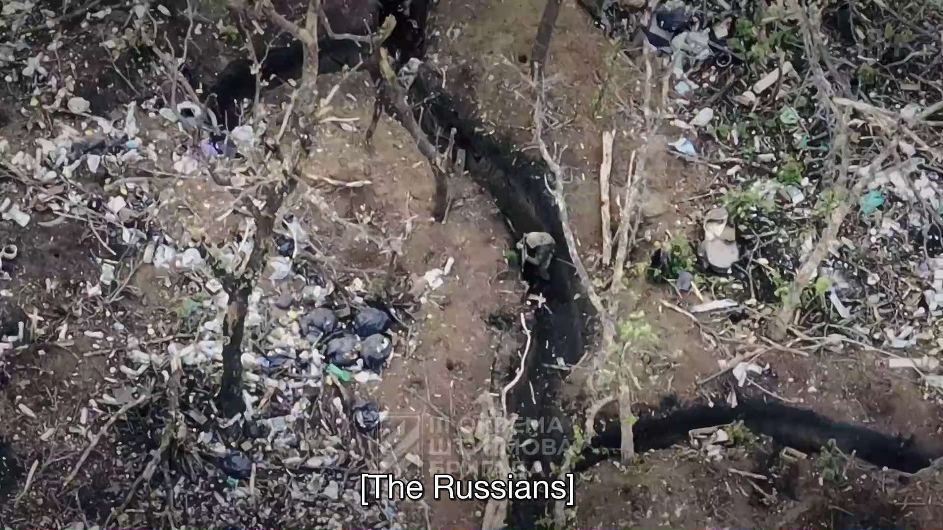 Vue plongeante sur des tranchées. En sous-titre : "[The Russians]".