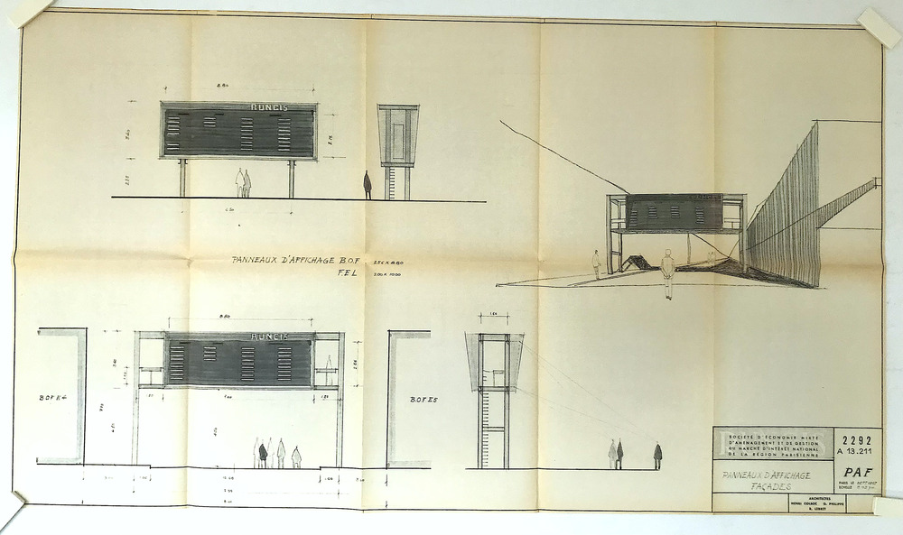Dessins des panneaux d’affichages prévu à l'extérieur des bâtiments des secteurs des produits laitiers et des fruits et légumes, 1967.