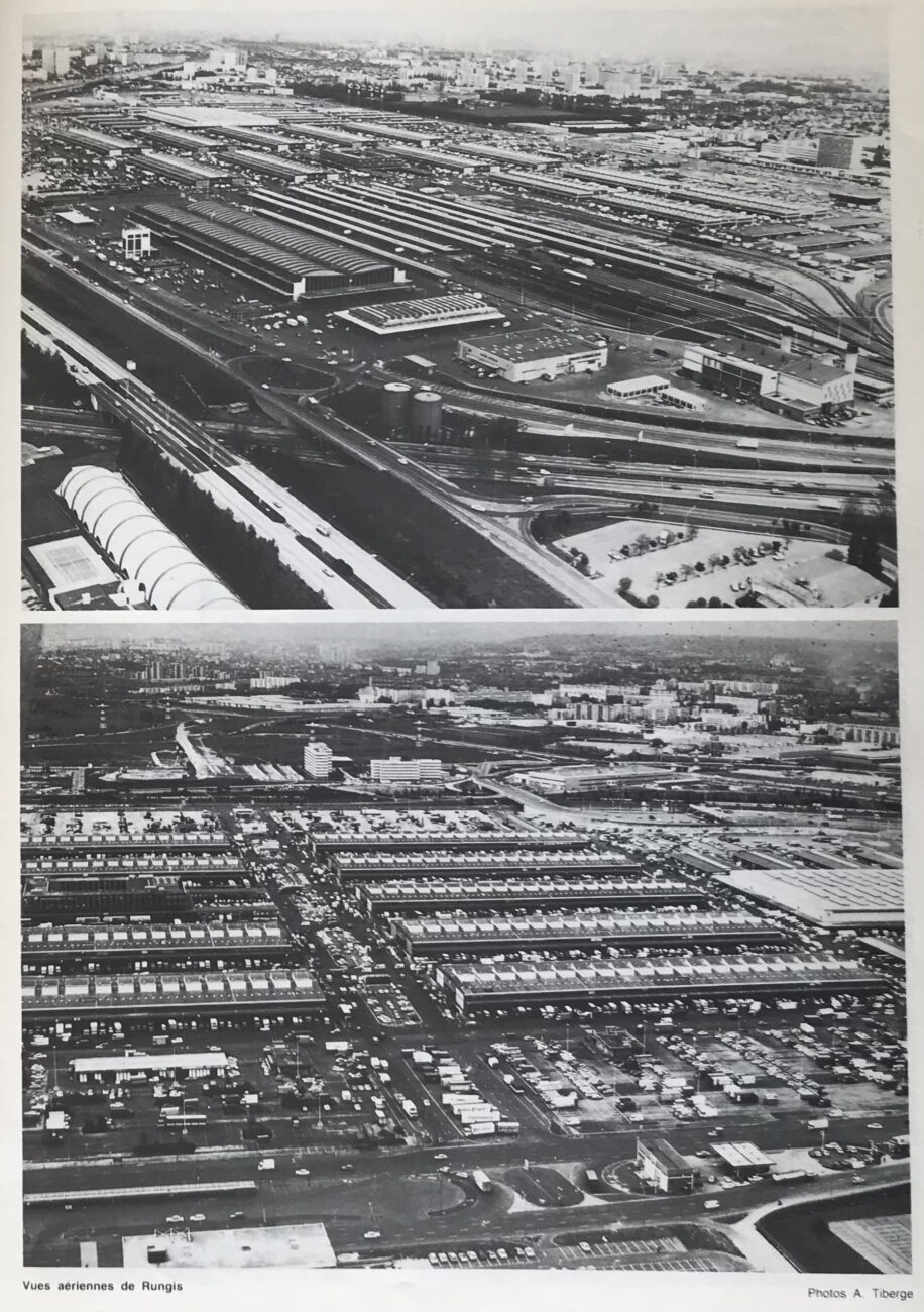 Vues aériennes du MIN de Rungis avec parkings, gare et voies d’autoroutes.
