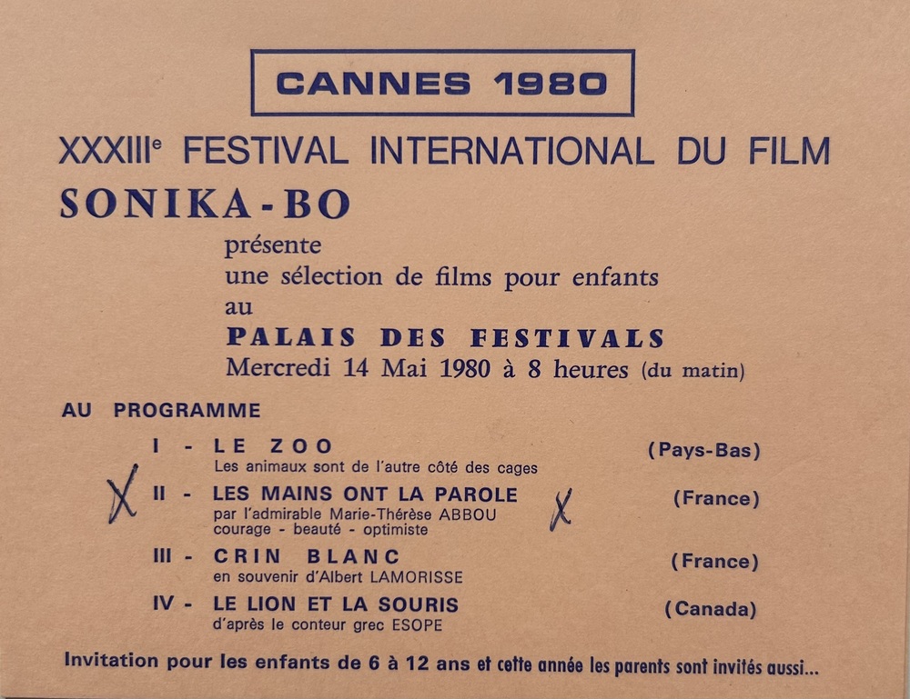 Carton d’invitation du Festival de Cannes 1980 – XXXIIIe Festival international du film, présentant une sélection de films pour enfants incluant en II, Mes mains ont la parole.